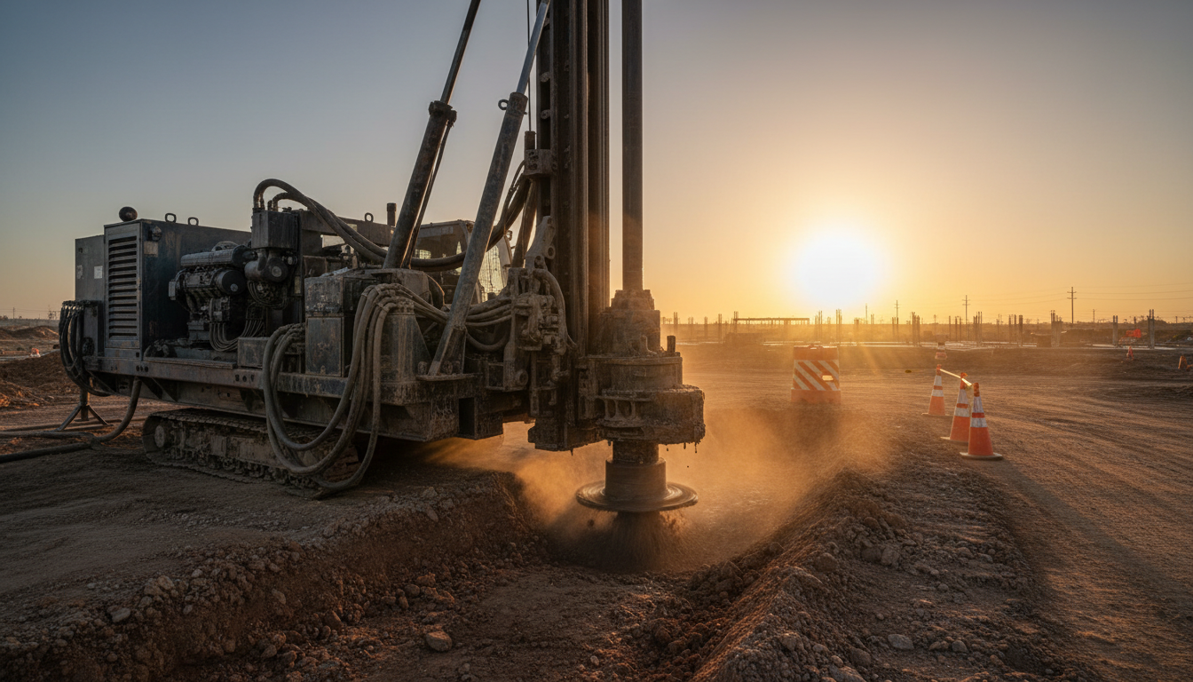 Directional boring machine at dawn